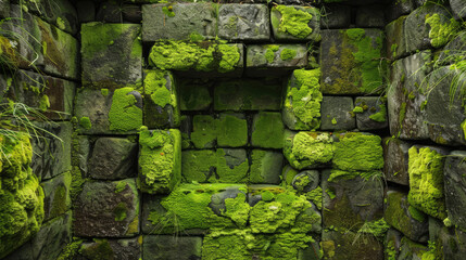 Mosscovered stone wall surrounding a vibrant green and perfectly symmetrical square - obrazy, fototapety, plakaty