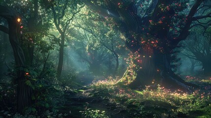 An enchanted forest inhabited by mythical creatures and ethereal beings, with ancient trees...