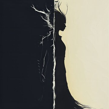Dark, sinister silhouette vs bright, radiant figure  explore the contrast between good and evil in a striking composition