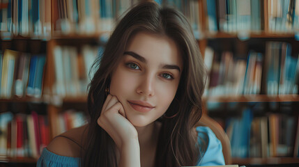 Beautiful girl with a thin smile, woman in library