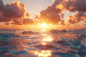 Sunrise over the ocean, horizon ablaze with hope ,3DCG,high resulution,clean sharp focus - obrazy, fototapety, plakaty