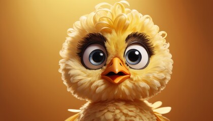 A stylized portrait of a cute yellow chick with fluffy feathers, large eyes, and an orange beak against a soft amber background