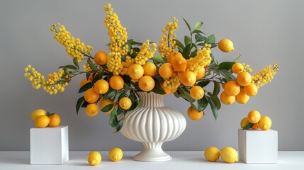   A white vase brimming with an array of oranges perched atop a table adjacent to two white cube vases