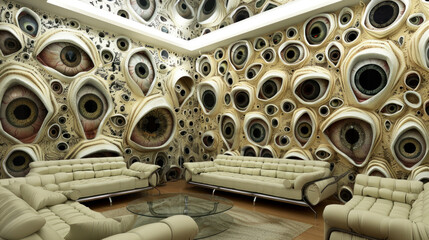 Apartment with walls covered in eyes - lack of privacy, constant surveillance and total control concept - obrazy, fototapety, plakaty