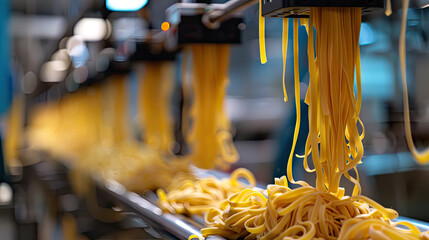 Pasta noodles dangling from robotic arms as they are swiftly transferred onto conveyor belts for packaging - obrazy, fototapety, plakaty
