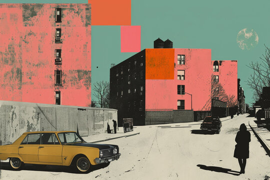 Vintage Car Parked on Urban Street with Abstract Elements and Pedestrian