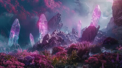 An otherworldly landscape with towering crystalline structures and iridescent flora, bathed in the...