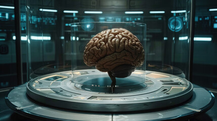 Human brain levitating in scientific research device of the future - neuroscience concept - obrazy, fototapety, plakaty