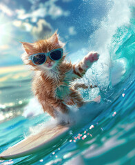 Picture a cute kitten catching a big wave on a surfboard dressed in stylish sunglasses and beachappropriate swimshorts, Side view, capture photography, Blocky, 8K, high detail