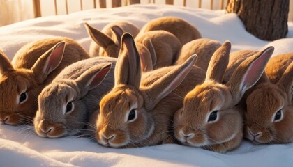 Multiple rabbits lying side by side in the snow, their fur contrasting with the winter white as they bask in the golden hour light.