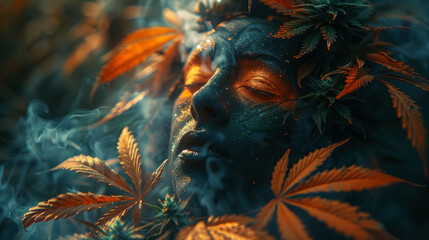 Fantastic, surreal deity with cannabis leaves - obrazy, fototapety, plakaty