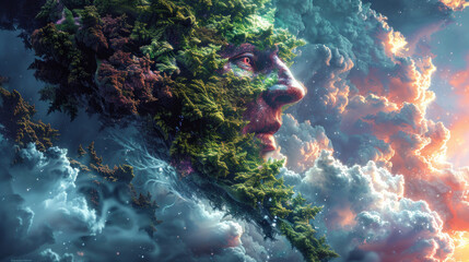 Fantastic, surreal, psychedelic god in clouds - obrazy, fototapety, plakaty