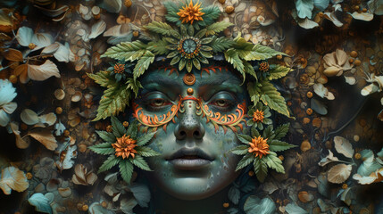 Fantastic, surreal, psychedelic deity with herbal motifs - obrazy, fototapety, plakaty