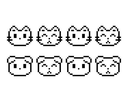 Black and white cat and dog sticker. Kitten and puppy icon outline pixel art isolated element.