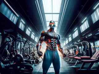 robot bodybuilder pumping  in the gym, healthy lifestyle, artificial intelligence assistant in sports, replacing a person in sports - obrazy, fototapety, plakaty