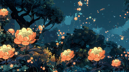 Enchanting Nighttime Garden with Blooming Flowers and Fireflies