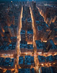An aerial view of a densely packed urban landscape at twilight with a radiant avenue slicing through the towering skyscrapers