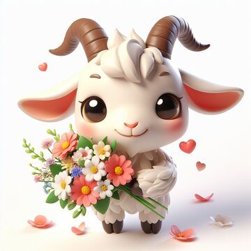 Cute character 3D image of Goat with flowers and saying thanks white background