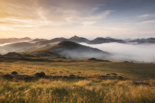 Misty mountain peaks pierce a vibrant sunrise sky in this breathtaking landscape
