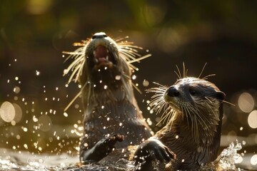 Playful Otters Splashing in Water. 