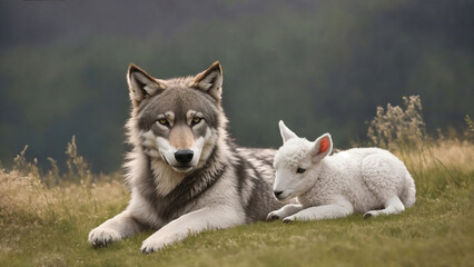 Wolf and lamb side by side in nature, defenseless not afraid of predator, peace and safety, Film grain effect