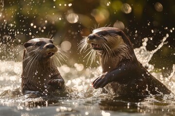 Otters Frolicking in the Sunlit Water.  - obrazy, fototapety, plakaty