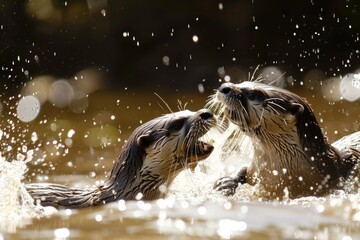 Otters Engaging in a Playful Water Fight.  - obrazy, fototapety, plakaty