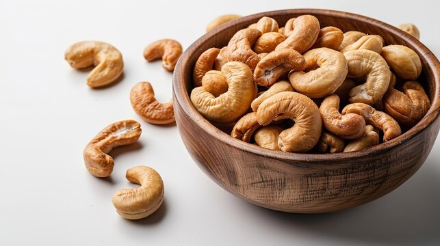Top view of kaju or cashew nut in a bowl with a big space for text or product in a studio white backdrop, Generative AI.