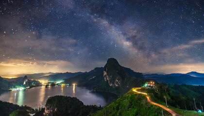 天の川とネオンの調べ、山上から見渡す、幻想的な夜景