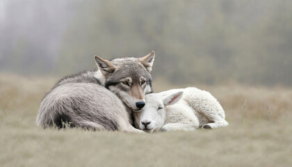 Wolf and sheep lying peacefully together in nature, concept of safety and peace, Film grain effect