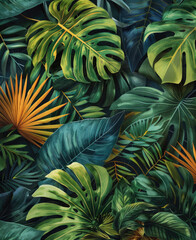The elegant composition of the image captures the delicate textures and vivid hues of the tropical leaves evoking a sense of serenity and lushness in the viewer