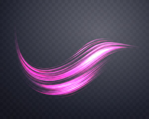 Glowing pink lines. Neon realistic energy speed. Abstract light effect on a dark transparent background. Vector illustration.