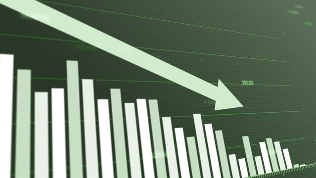 Animated global energy consumption decline with falling bar graphs on green background, significant downturn visualization