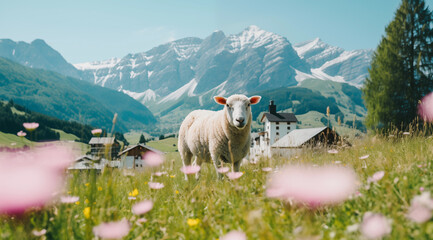 A white sheep in a beautiful spring blooming alpine meadow - obrazy, fototapety, plakaty