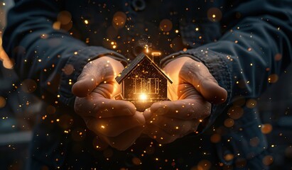 Magical glowing house in hands against a dark sparkling background