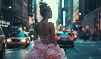Elegant woman in a pink ball gown on a city street at dusk
