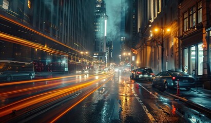 Fototapeta na wymiar Urban nightscape with vibrant street lights and dynamic city motion