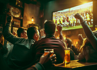 back, rear view of young male female soccer Fans watching on tv plasma sports match at the bar. Men women watch football. Friends in cafe restaurant watching sports games and drinking beer in glasses