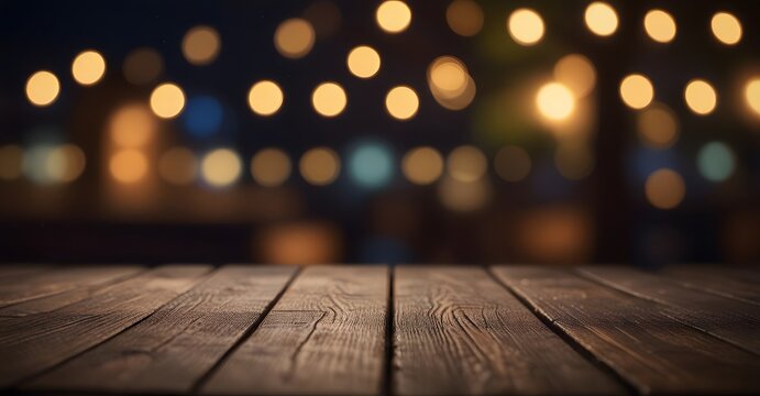 Empty wooden table top with blurred bokeh background for product placement. Product background