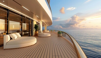 Luxurious yacht deck at sunset with tranquil ocean views - obrazy, fototapety, plakaty