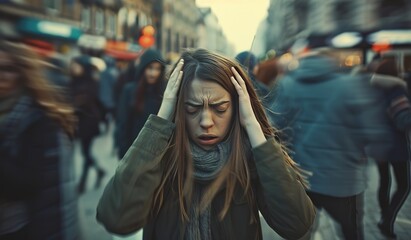 Young stressed woman in crowded city feeling overwhelmed