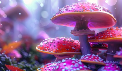 Enchanting glow of colorful fantasy mushrooms in a magical forest