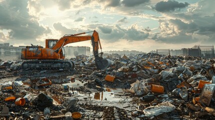Construction debris, garbage and environmental pollution, futuristic background