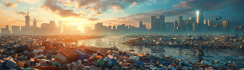 Climate change , global warming, garbage and environmental pollution, futuristic background - obrazy, fototapety, plakaty