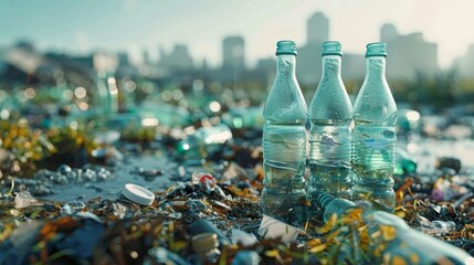 Glass bottles, garbage and environmental pollution, futuristic background - obrazy, fototapety, plakaty