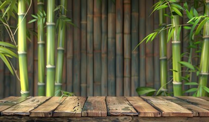 Rustic wooden table against bamboo backdrop in natural setting