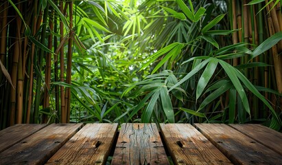 Wooden table with a tranquil bamboo forest background