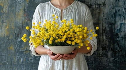   Woman holding yellow flowers against blue-gray background