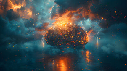 A powerful visual metaphor of a fiery brain merged with a glowing cityscape, illustrating the fusion of human intelligence with urban progress - obrazy, fototapety, plakaty