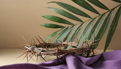 Solemn Symbolism: Crown of Thorns and Palm Leaf on Beige Background"
